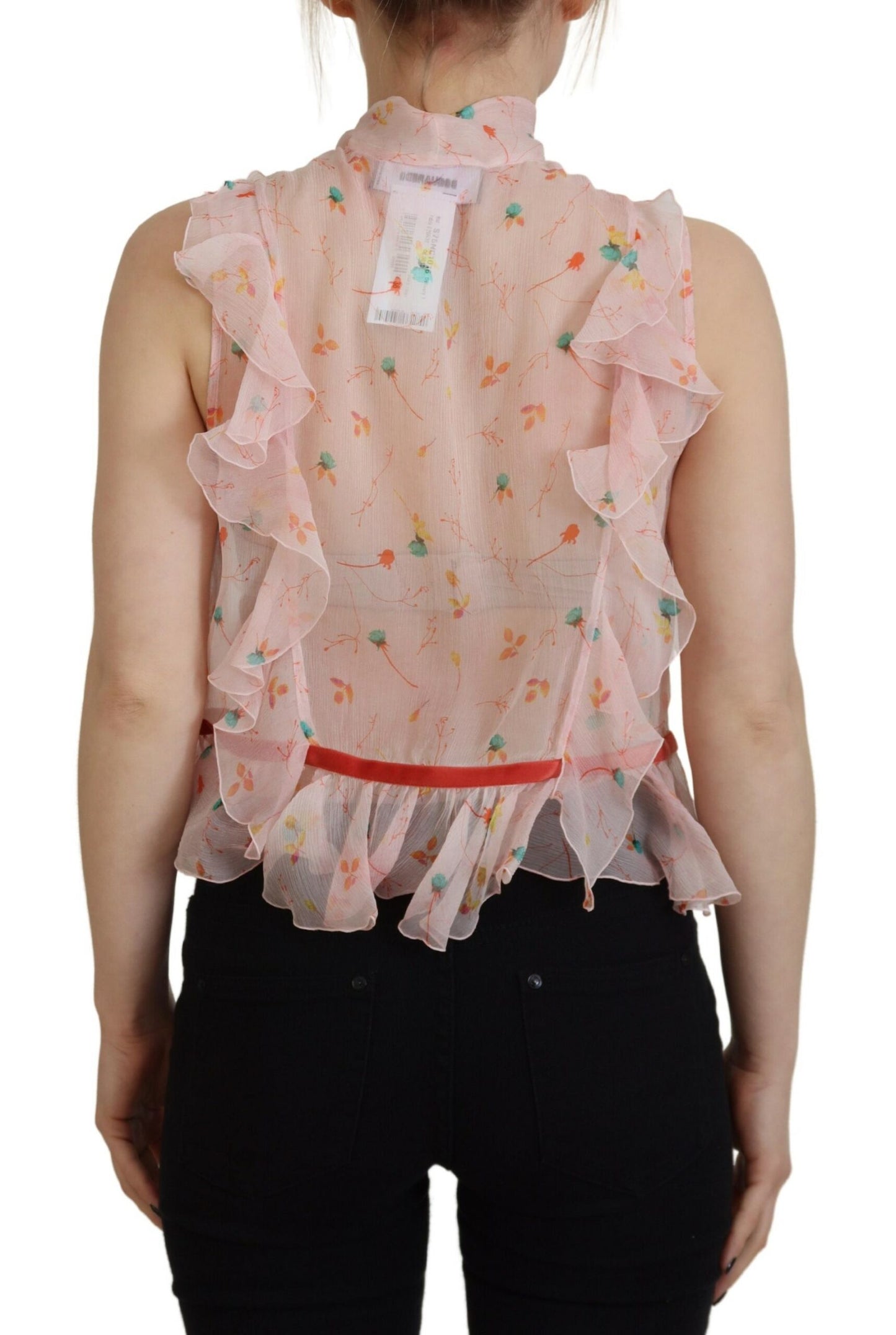 Dsquared² Pink Floral Print Silk Sleeveless Ascot Collar Top IT38 | XS