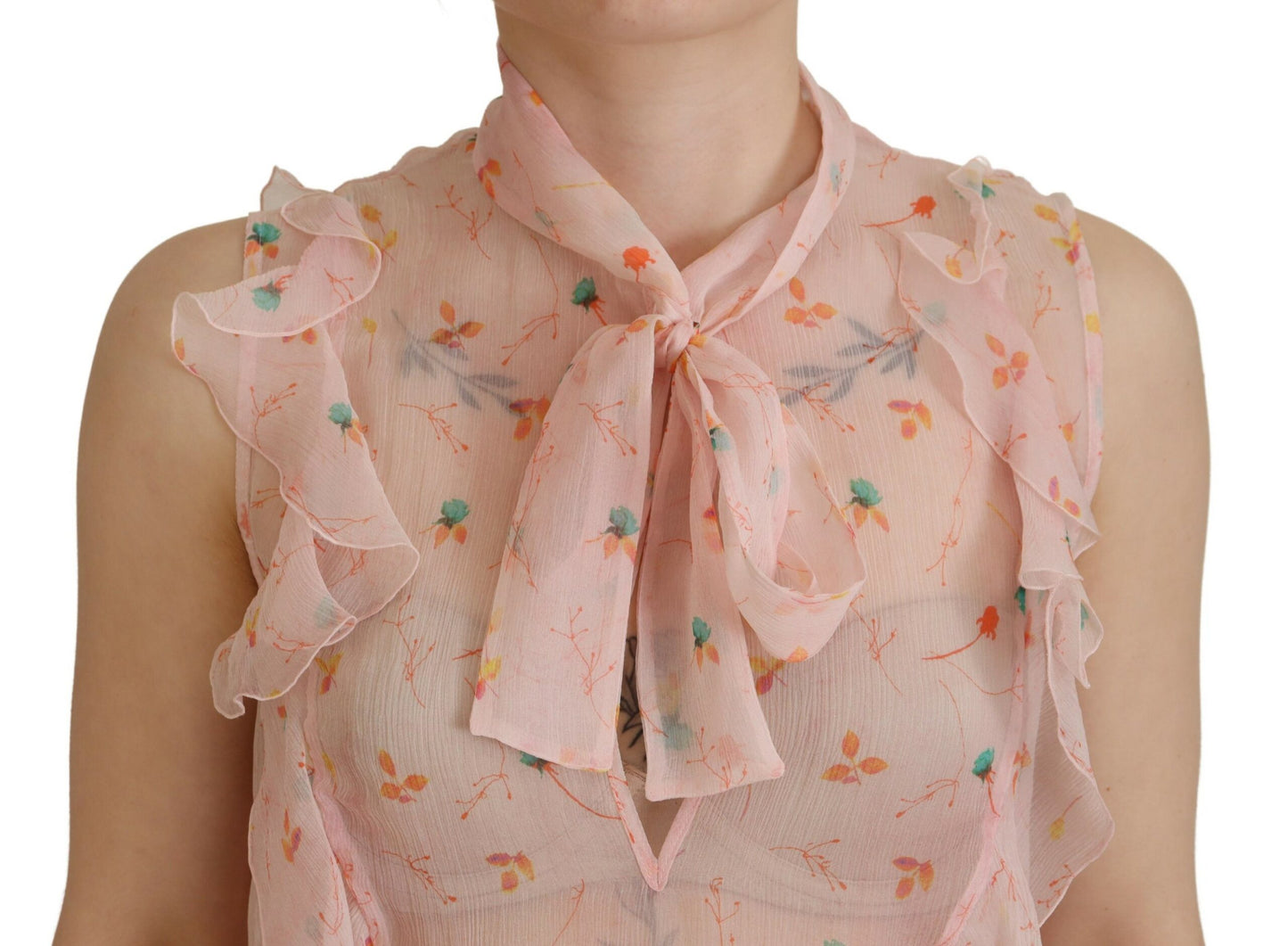 Dsquared² Pink Floral Print Silk Sleeveless Ascot Collar Top IT38 | XS