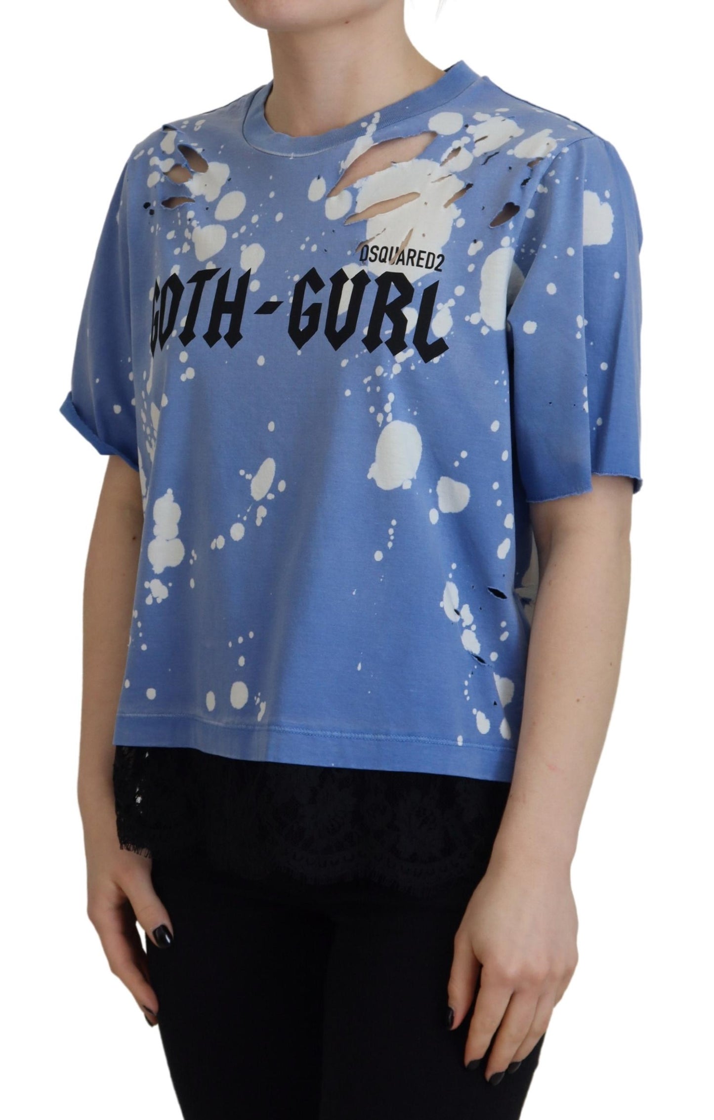 Dsquared² Blue Goth Gurl Print Black Lace Cotton Tee T-shirt IT38 | XS