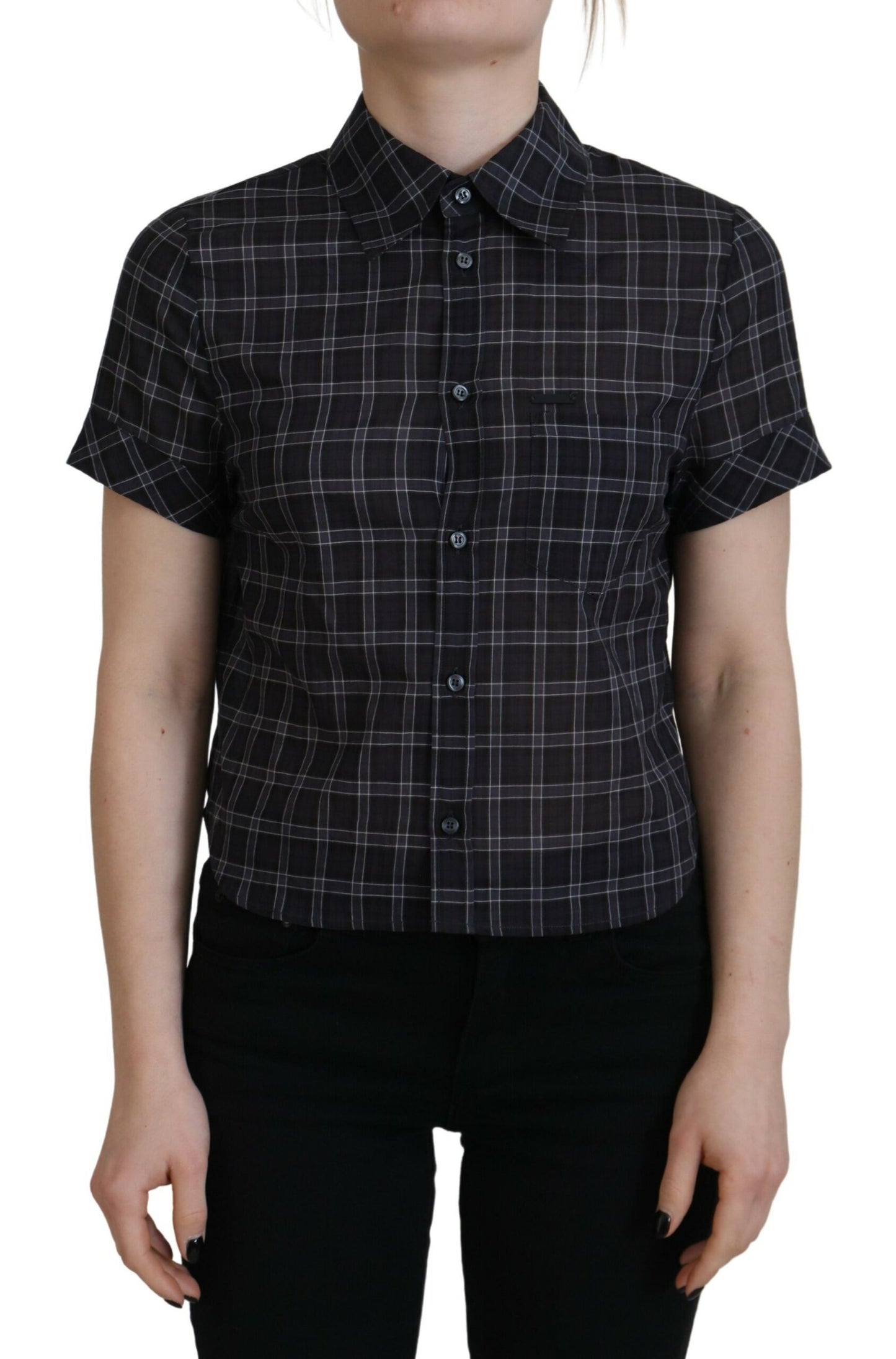 Dsquared² Black Checkered Collared Button Short Sleeves Top IT38 | XS