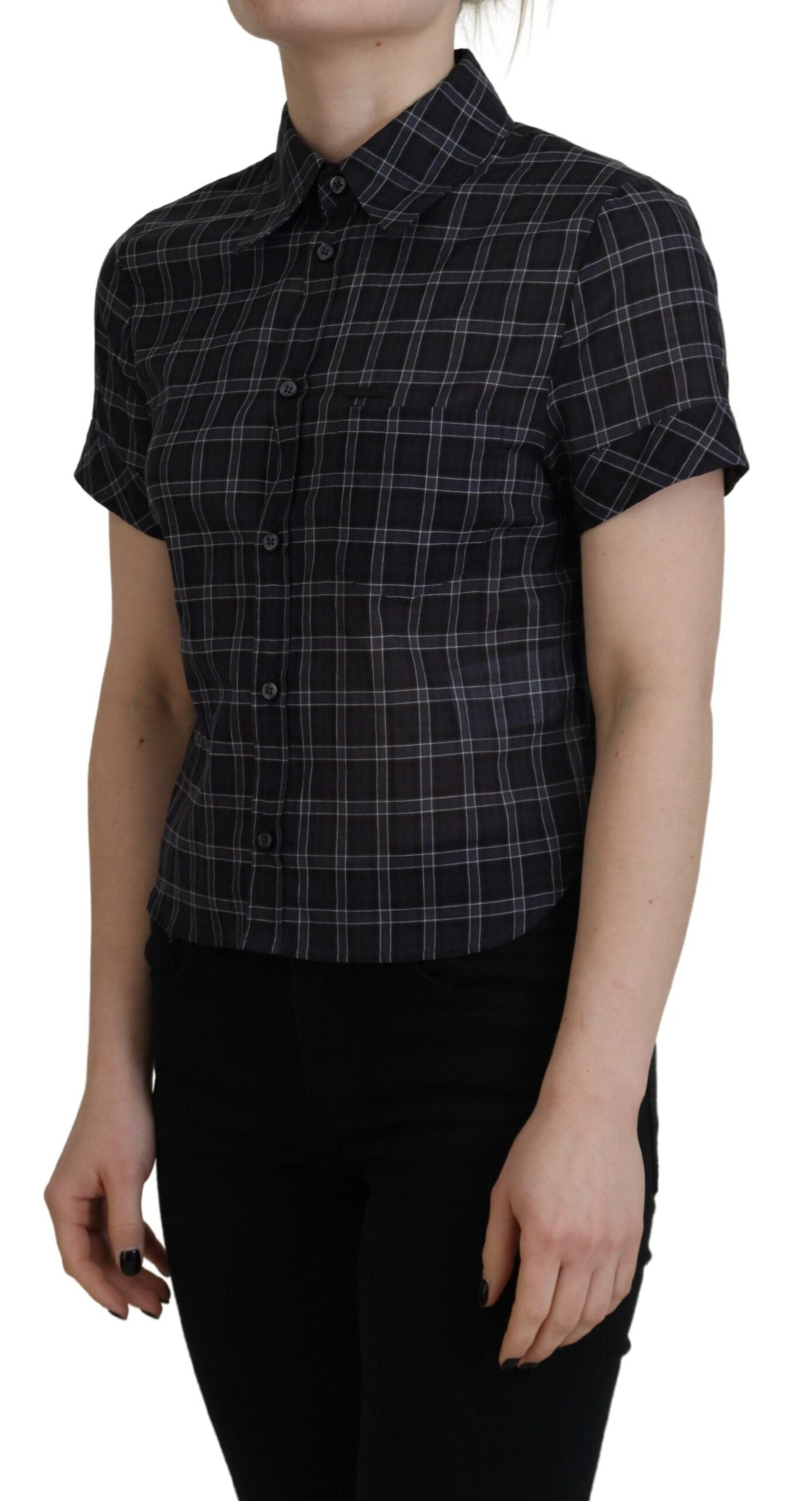 Dsquared² Black Checkered Collared Button Short Sleeves Top IT38 | XS