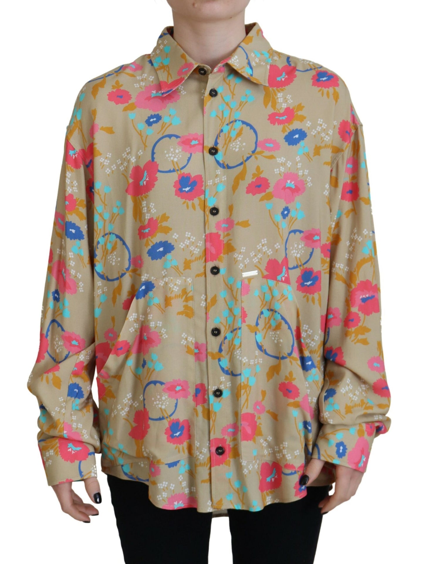 Dsquared² Beige Floral Collared Button Down Long Sleeves Shirt IT38 | XS