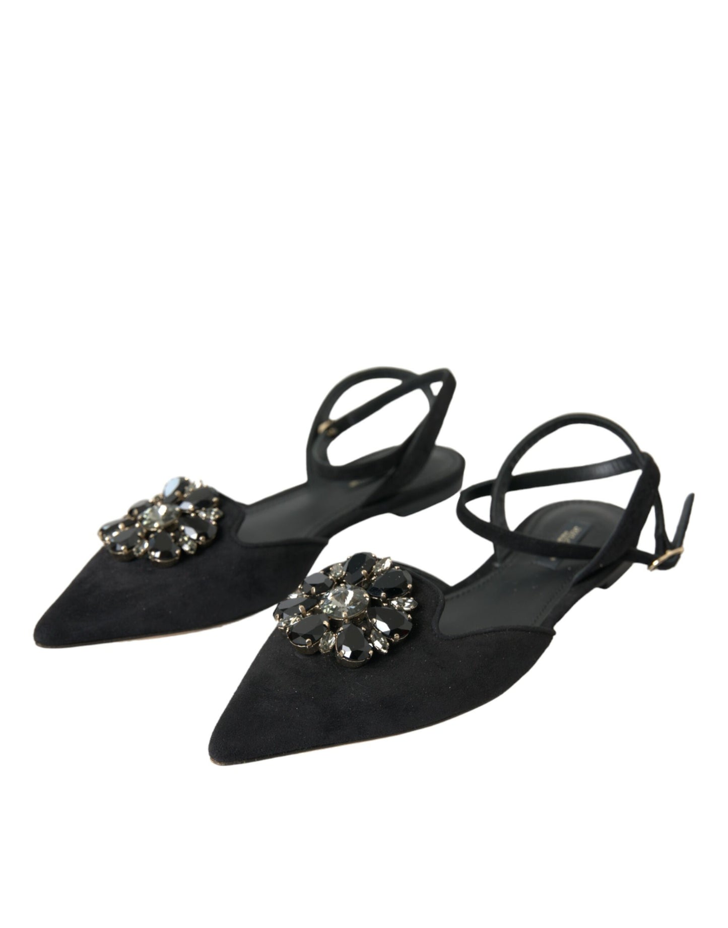 Dolce & Gabbana Black Leather Crystal Slingback Sandals Shoes EU38 / US7.5