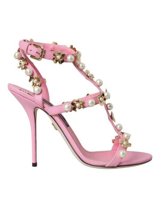 Dolce & Gabbana Pink Leather Embellished Heels Sandals Shoes EU39 / US8.5