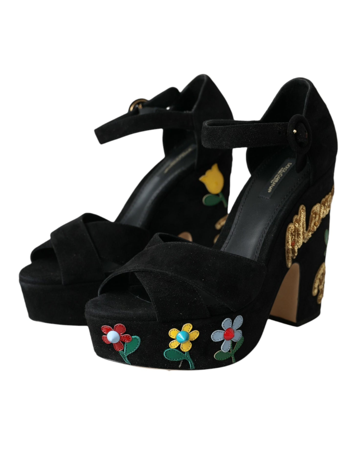 Dolce & Gabbana Black Floral Ankle Strap Heels Sandals Shoes EU39 / US8.5