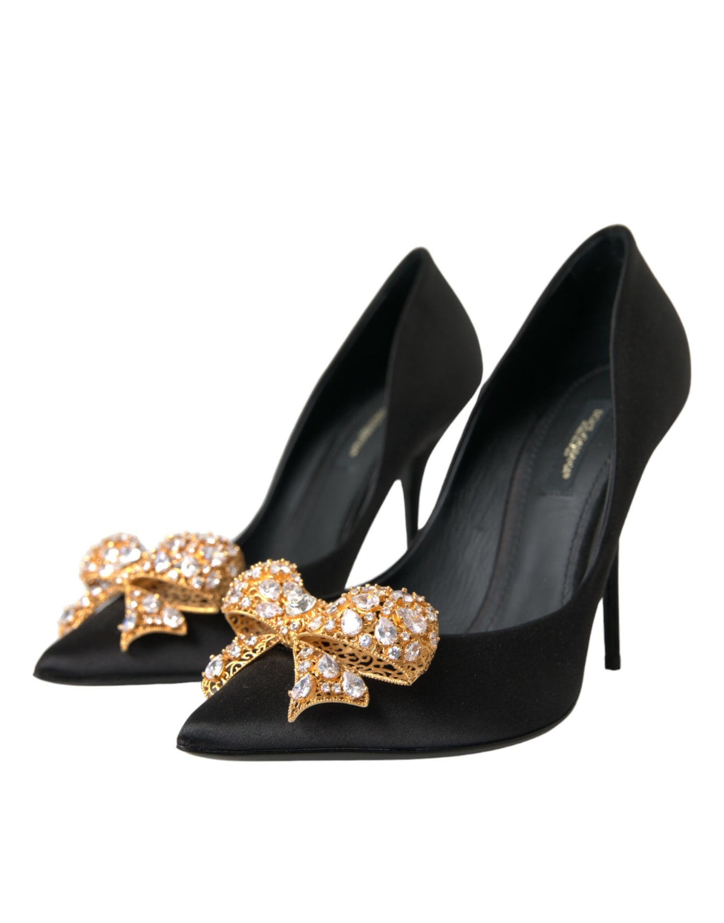 Dolce & Gabbana Black Satin Bow Crystal Heels Pumps Shoes EU37 / US6.5