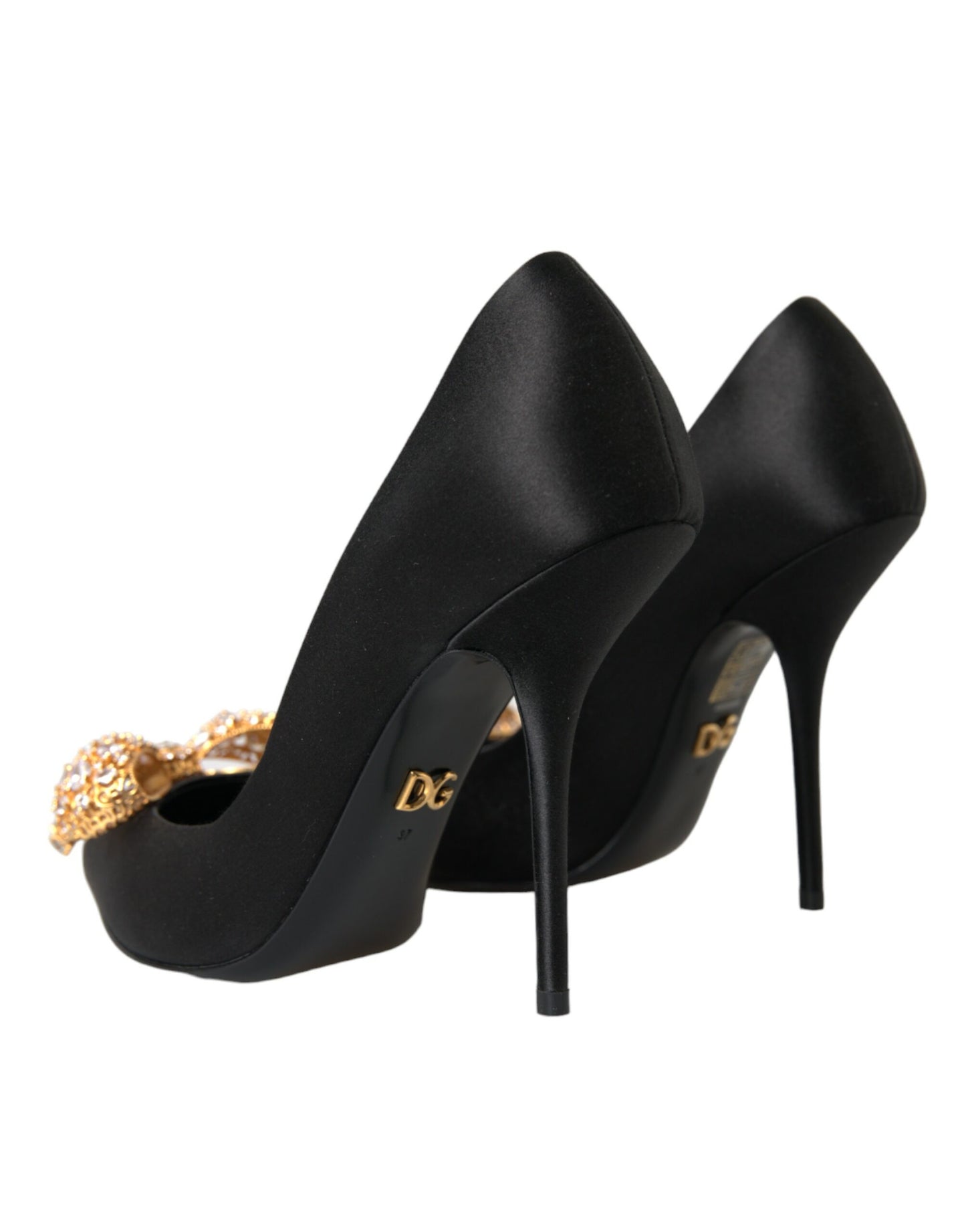 Dolce & Gabbana Black Satin Bow Crystal Heels Pumps Shoes EU37 / US6.5