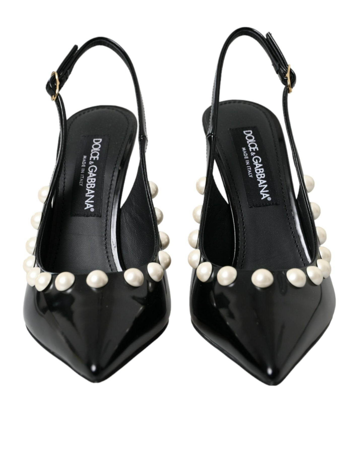 Dolce & Gabbana Black Leather Faux Pearl Heel Slingback Shoes EU40 / US9.5