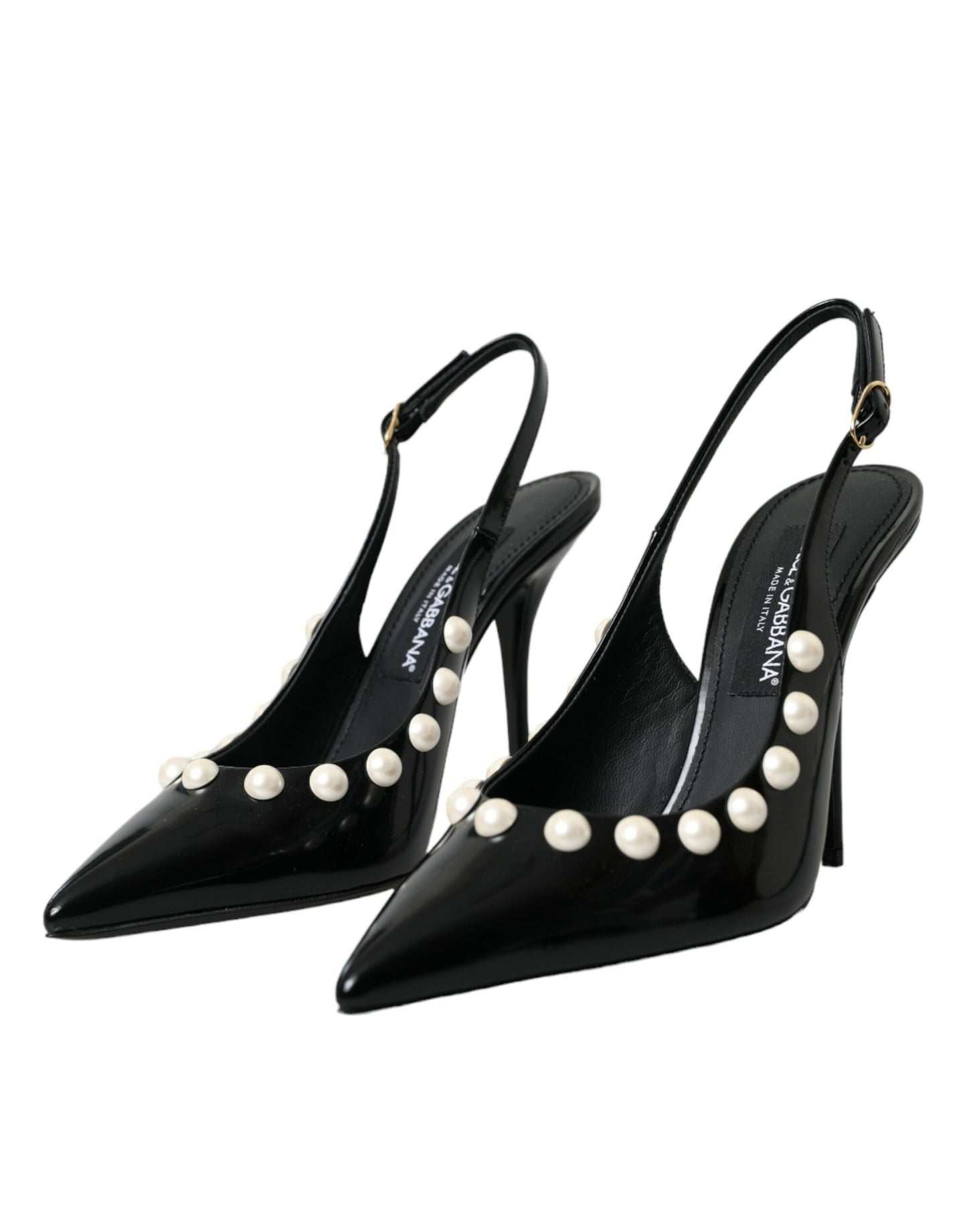 Dolce & Gabbana Black Leather Faux Pearl Heel Slingback Shoes EU40 / US9.5