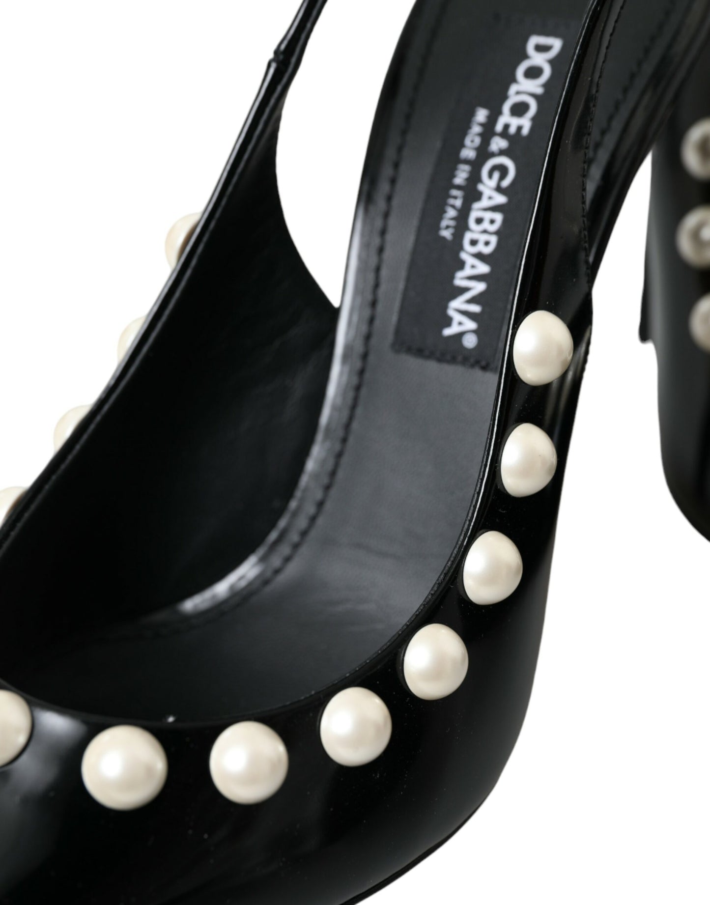 Dolce & Gabbana Black Leather Faux Pearl Heel Slingback Shoes EU40 / US9.5