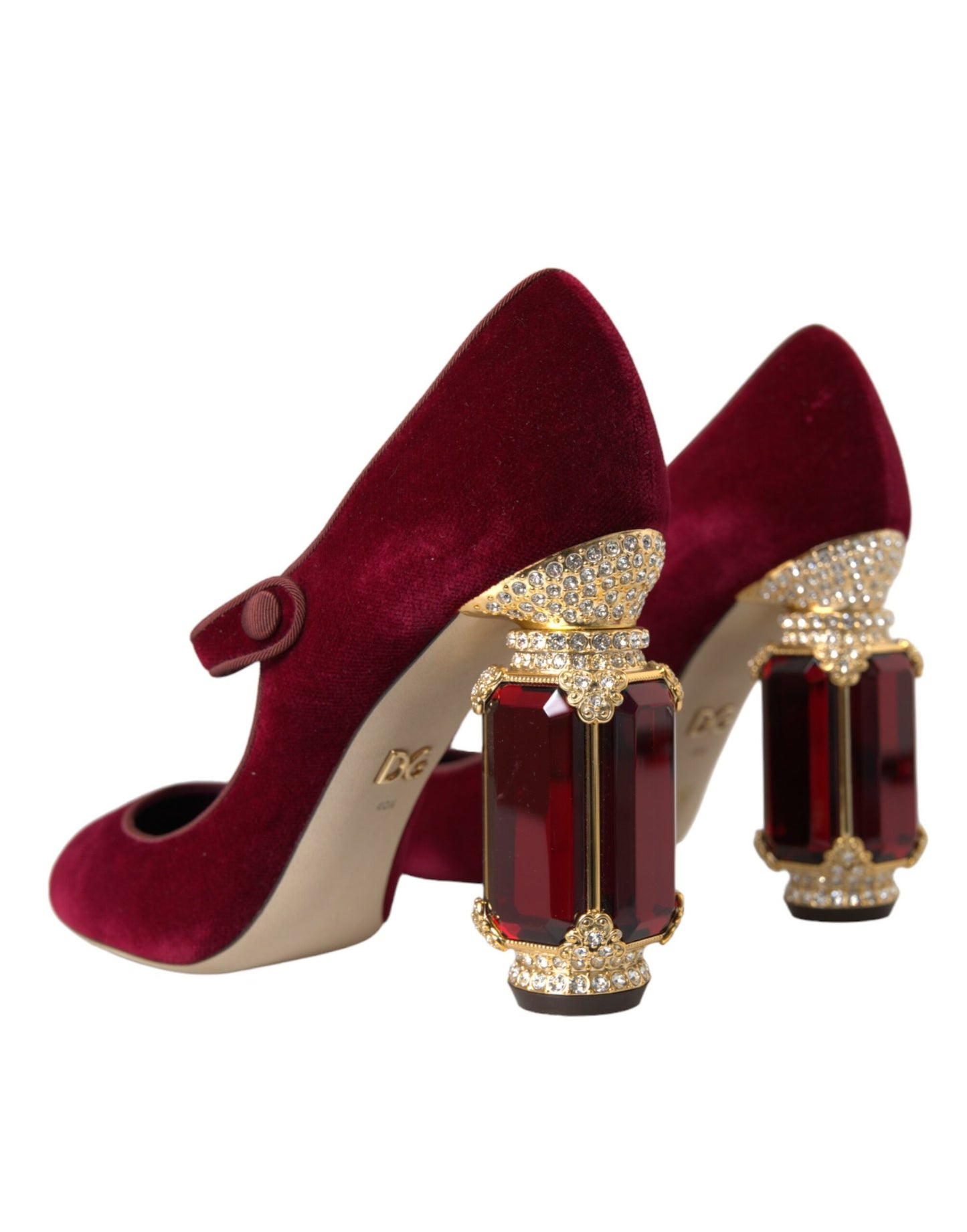 Dolce & Gabbana Red Velvet Gold Crystals Heels Mary Jane Shoes EU40.5 / US10