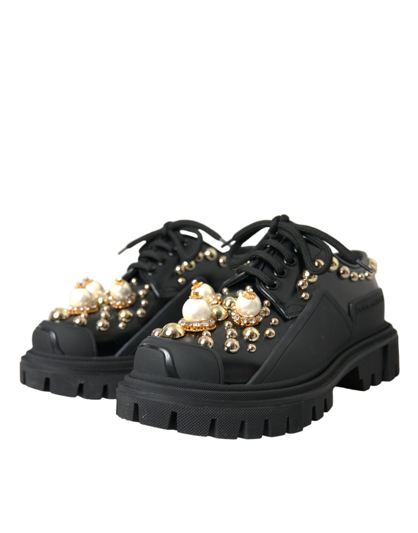 Dolce & Gabbana Black Leather Trekking Derby Embellished Shoes EU35.5 / US5