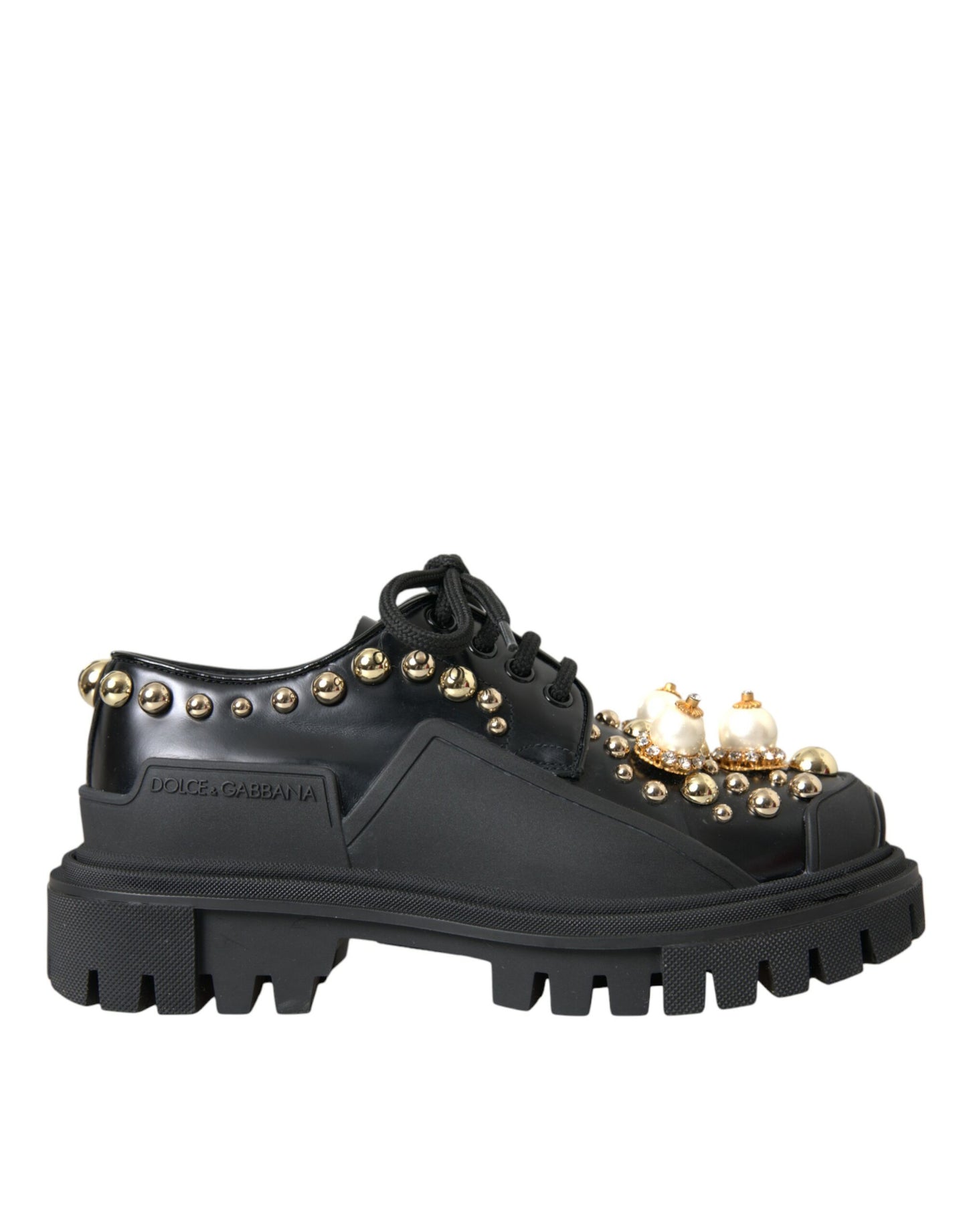 Dolce & Gabbana Black Leather Trekking Derby Embellished Shoes EU35.5 / US5