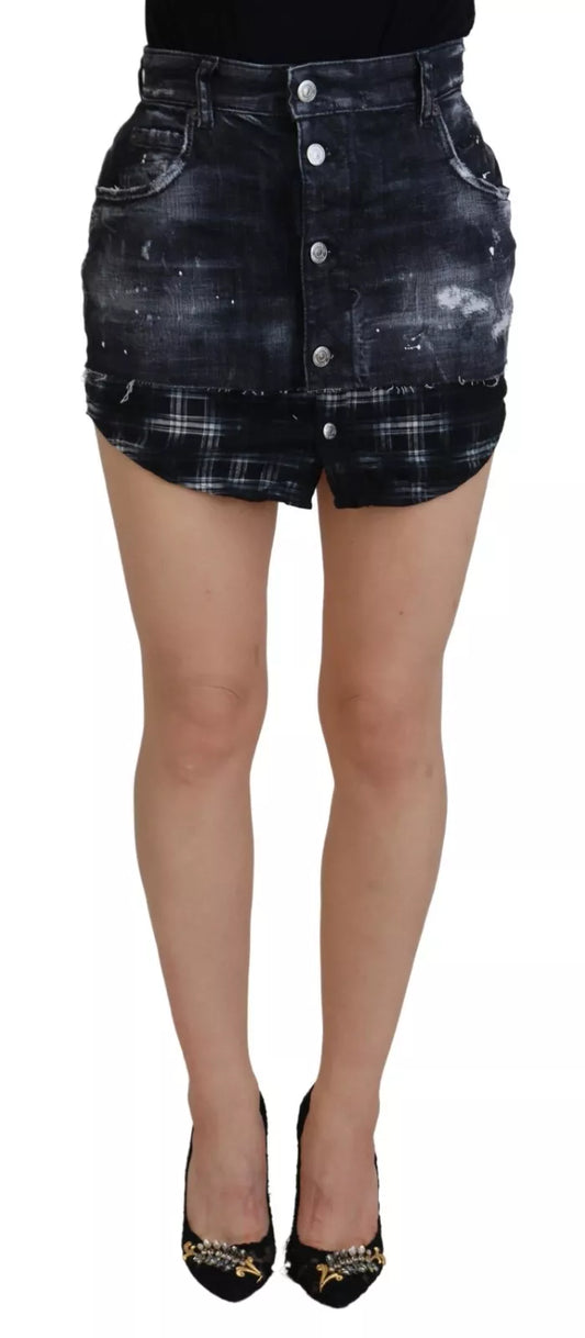 Dsquared² Black Checkered High Waist A-line Denim Mini Skirt IT38 | XS