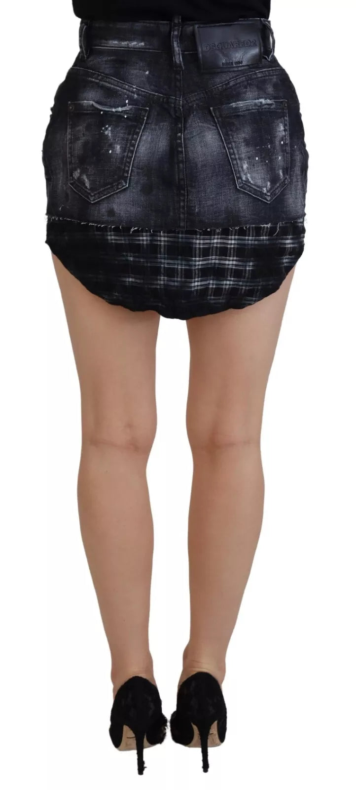 Dsquared² Black Checkered High Waist A-line Denim Mini Skirt IT38 | XS