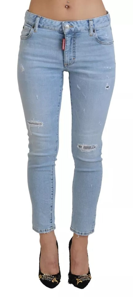 Dsquared² Blue Tattered Mid Waist Cropped Twiggy Denim Jeans IT38 | XS