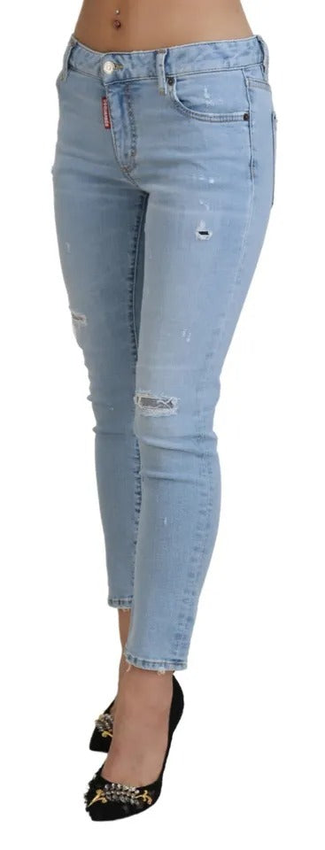 Dsquared² Blue Tattered Mid Waist Cropped Twiggy Denim Jeans IT38 | XS