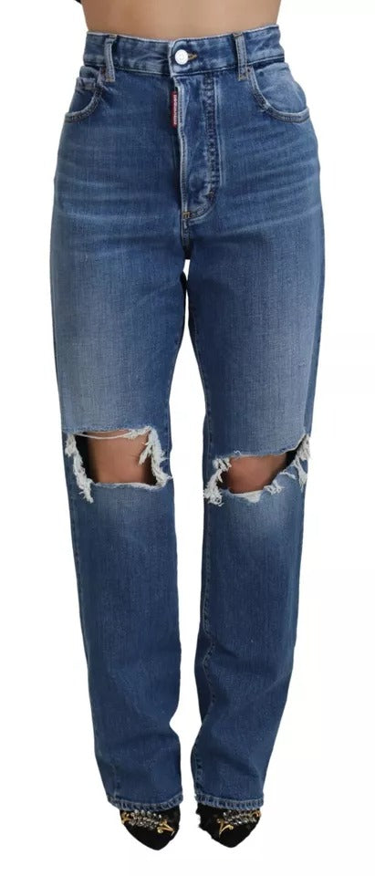 Dsquared² Blue Distressed High Waist Straight Denim Jeans IT38 | XS