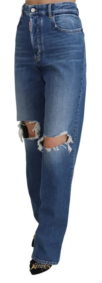 Dsquared² Blue Distressed High Waist Straight Denim Jeans IT38 | XS