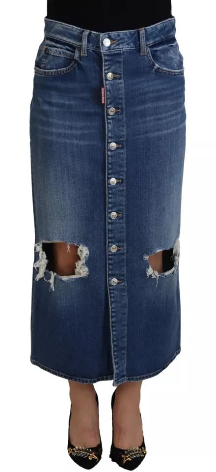 Dsquared² Blue Distressed High Waist Pencil Cut Denim Skirt IT38 | XS