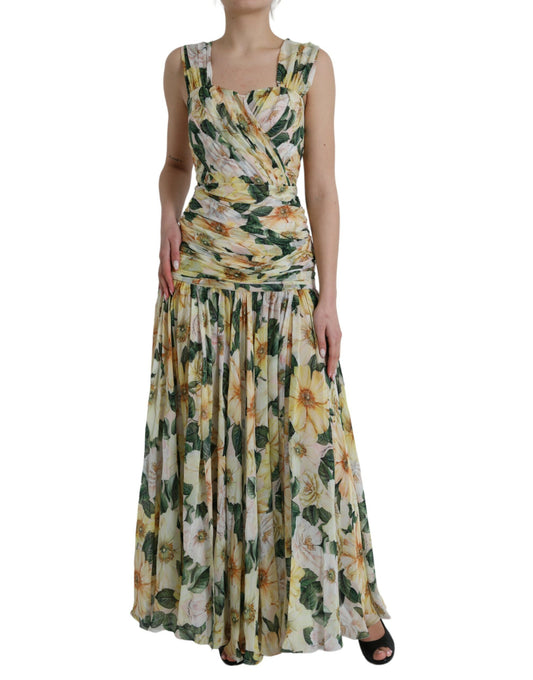 Dolce & Gabbana Yellow Floral Print Silk Pleated Maxi Dress IT38 / XS