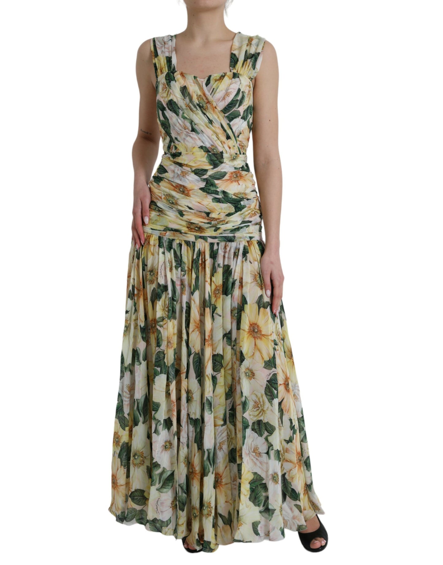 Dolce & Gabbana Yellow Floral Print Silk Pleated Maxi Dress IT38 / XS