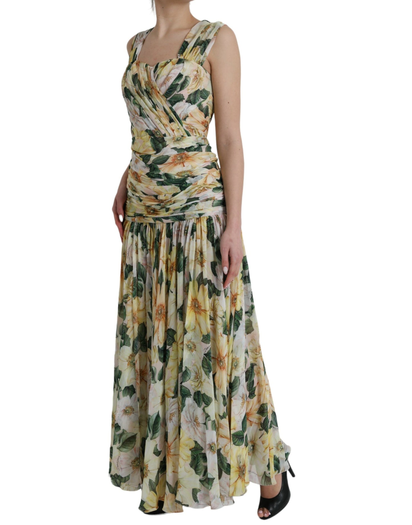 Dolce & Gabbana Yellow Floral Print Silk Pleated Maxi Dress IT38 / XS