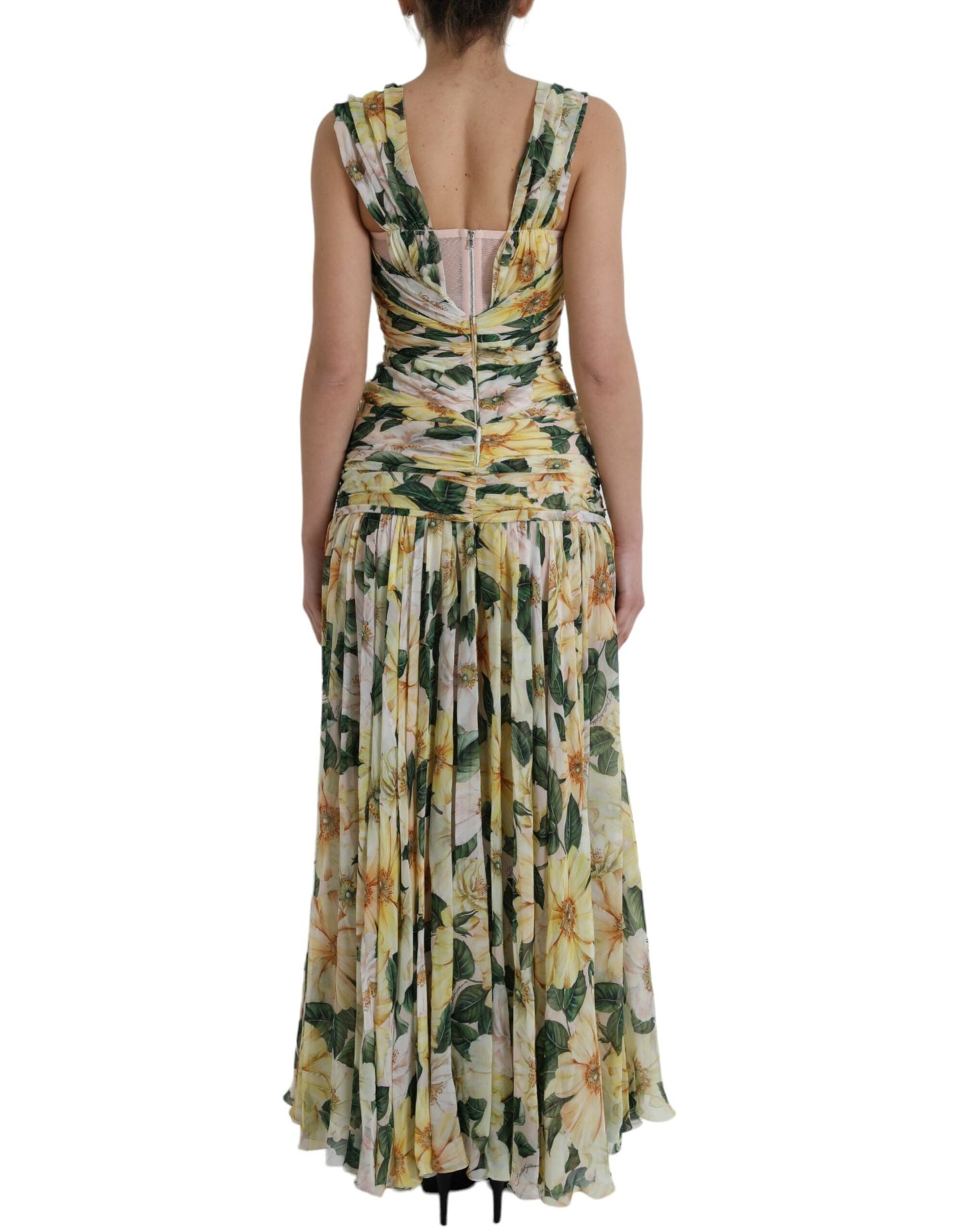 Dolce & Gabbana Yellow Floral Print Silk Pleated Maxi Dress IT38 / XS