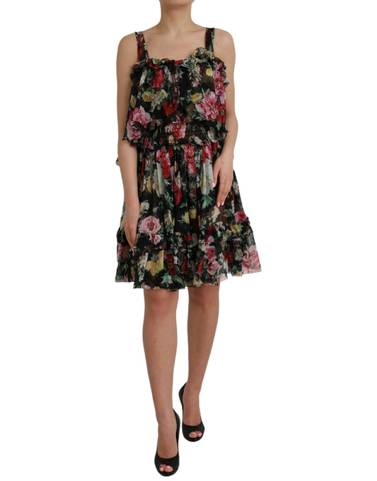 Dolce & Gabbana Black Floral Silk A-line Sleeveless Dress IT44 / L