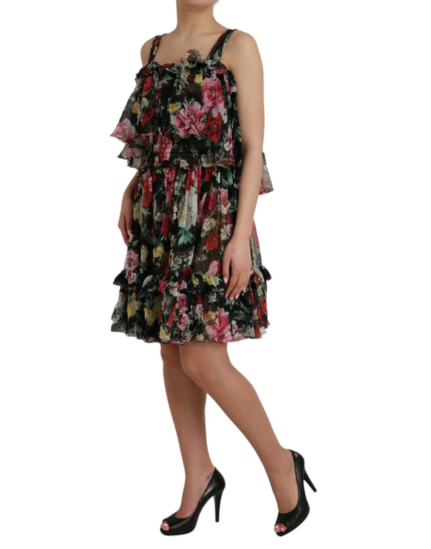 Dolce & Gabbana Black Floral Silk A-line Sleeveless Dress IT44 / L