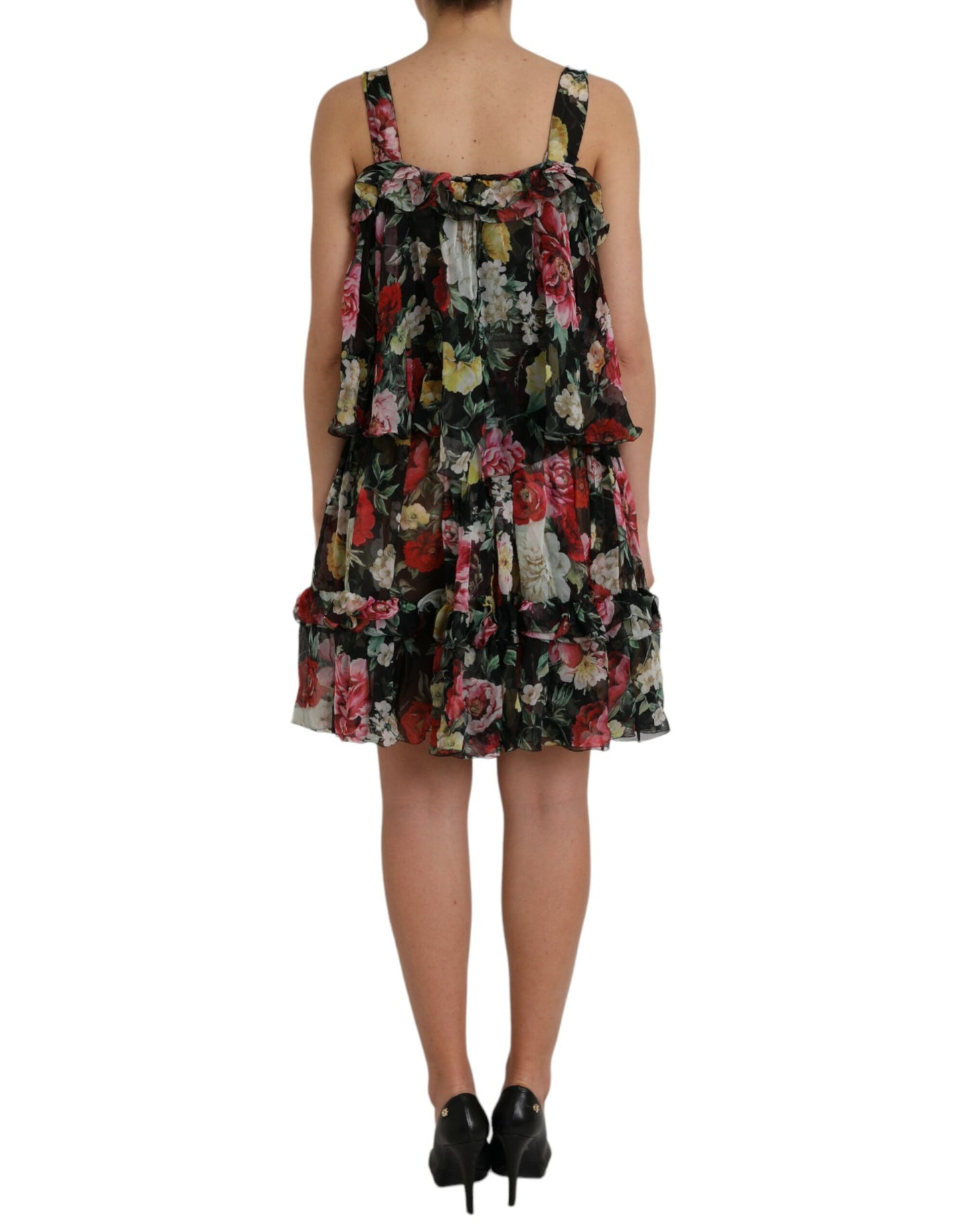 Dolce & Gabbana Black Floral Silk A-line Sleeveless Dress IT44 / L