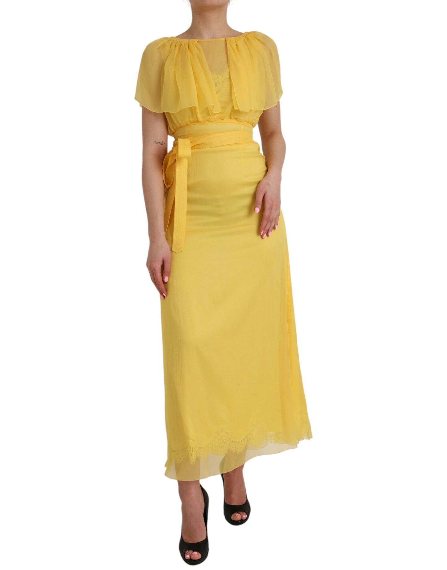 Dolce & Gabbana Yellow Silk Sheath Belted Long Maxi Dress IT40 | S