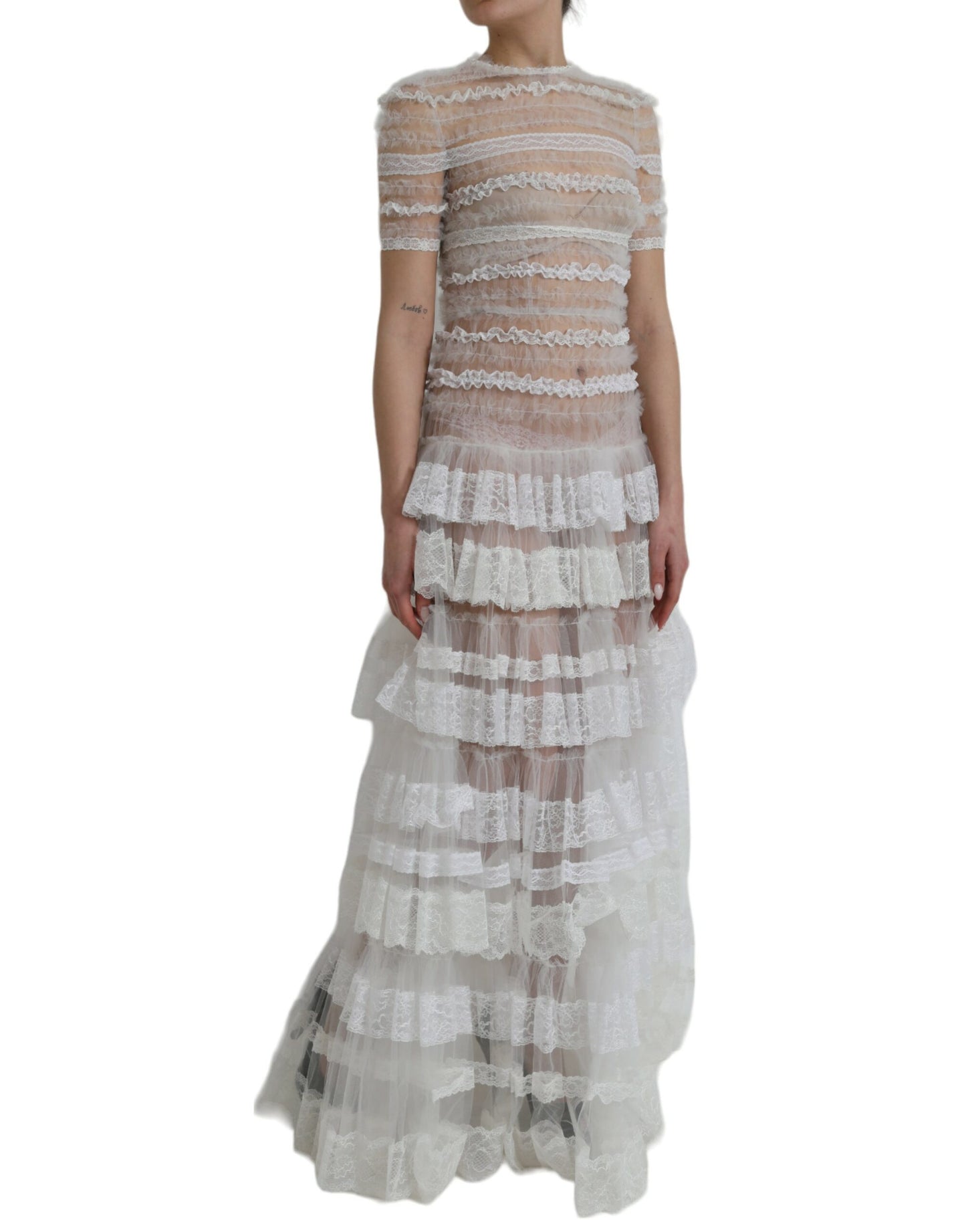 Dolce & Gabbana White Nylon Sheer Tiered Lace Maxi Dress IT40 | S