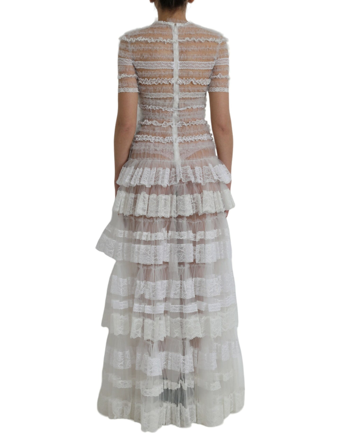 Dolce & Gabbana White Nylon Sheer Tiered Lace Maxi Dress IT40 | S