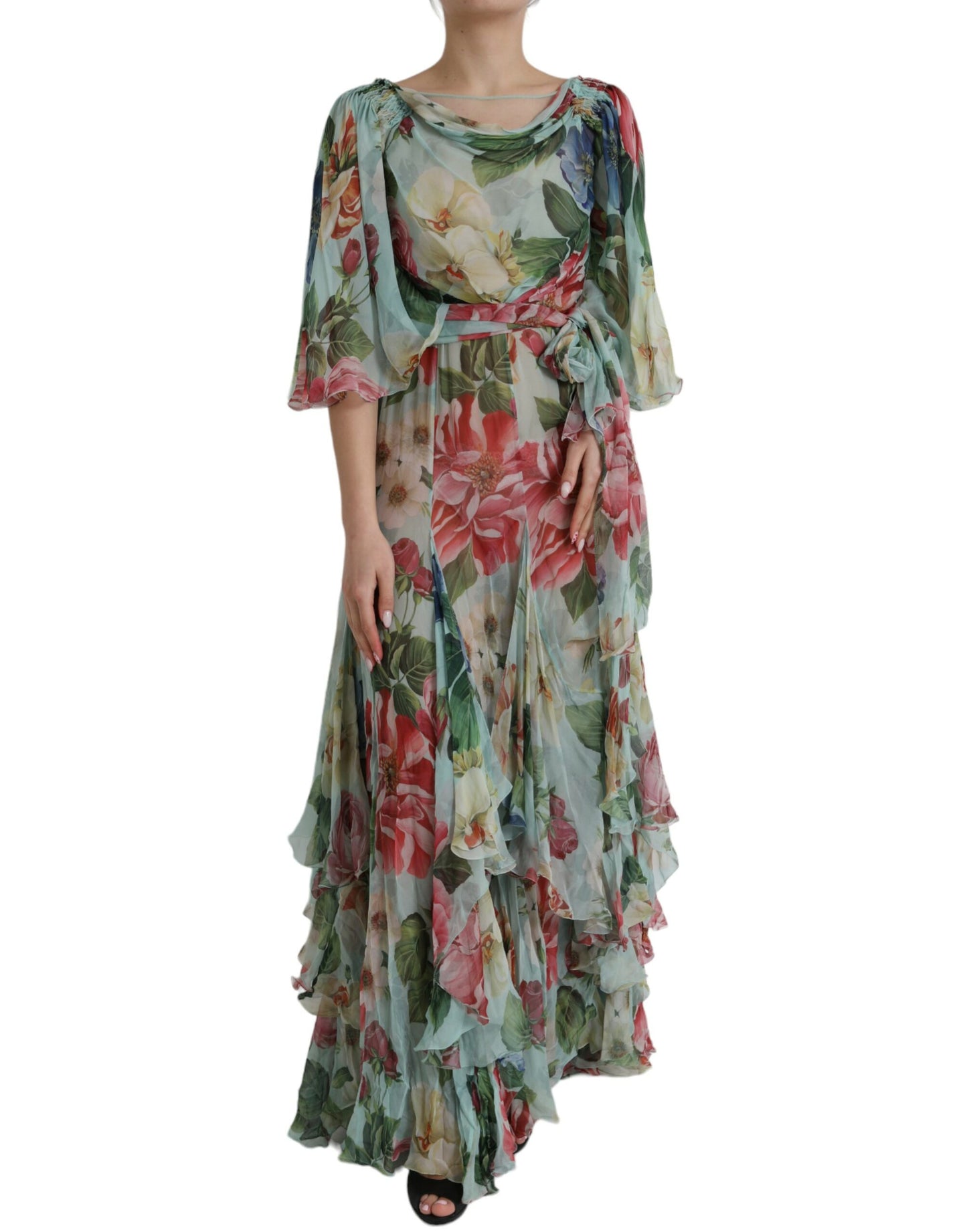 Dolce & Gabbana Blue Floral Print Tiered Long Maxi Dress IT38 / XS