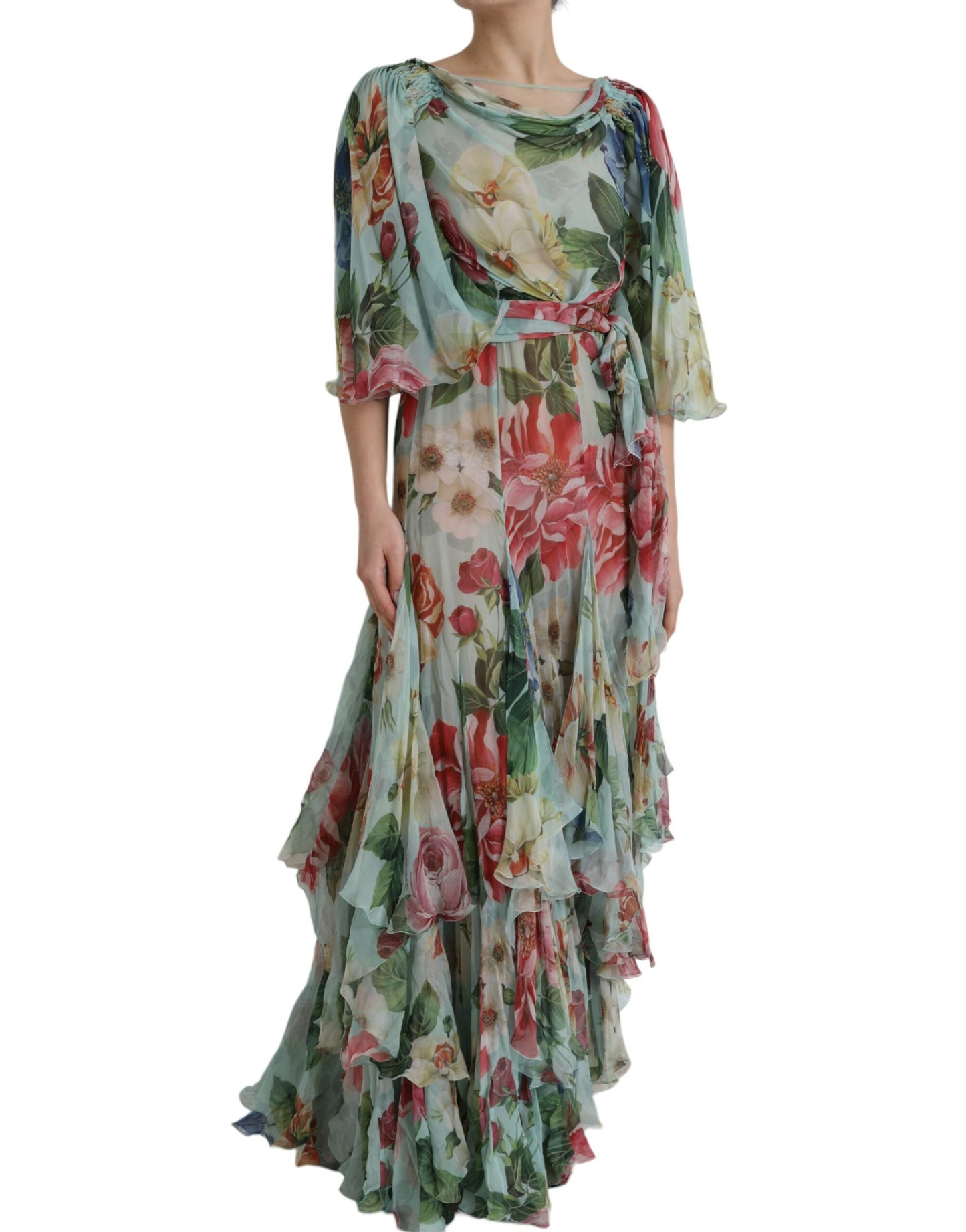 Dolce & Gabbana Blue Floral Print Tiered Long Maxi Dress IT38 / XS