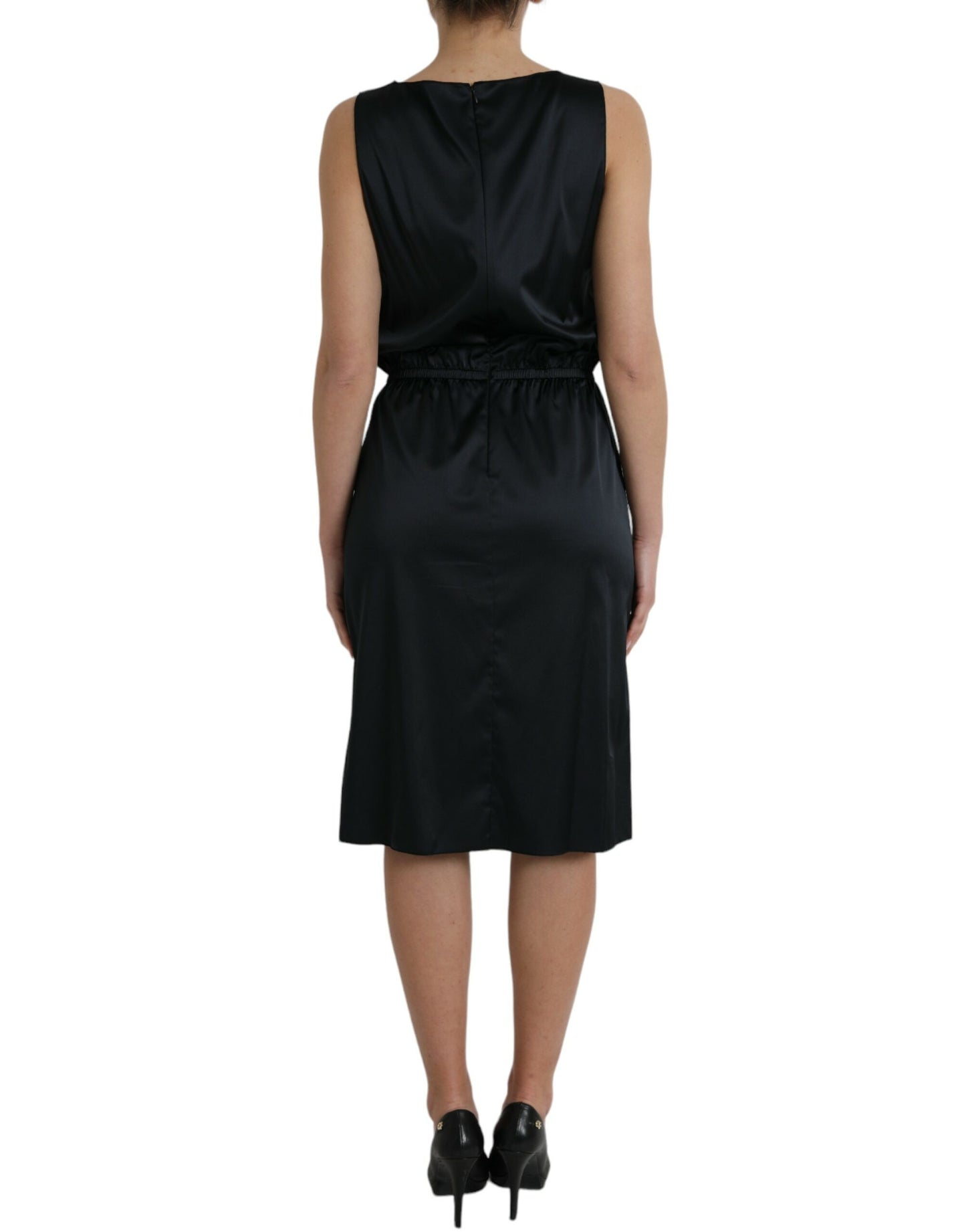 Dolce & Gabbana Black Polyester Lace Trim Sheath Midi Dress