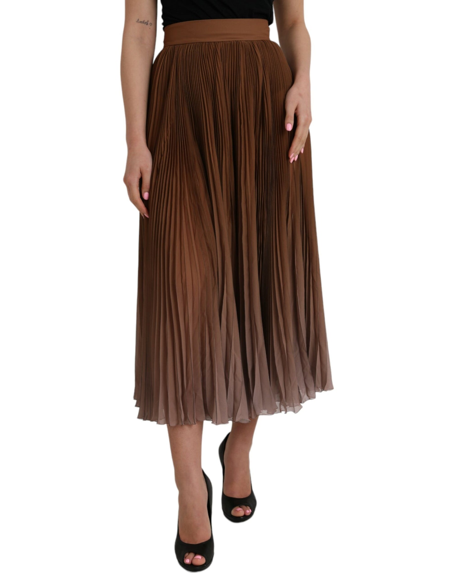 Dolce & Gabbana Brown Polyester Pleated High Waist Midi Skirt IT40 / S