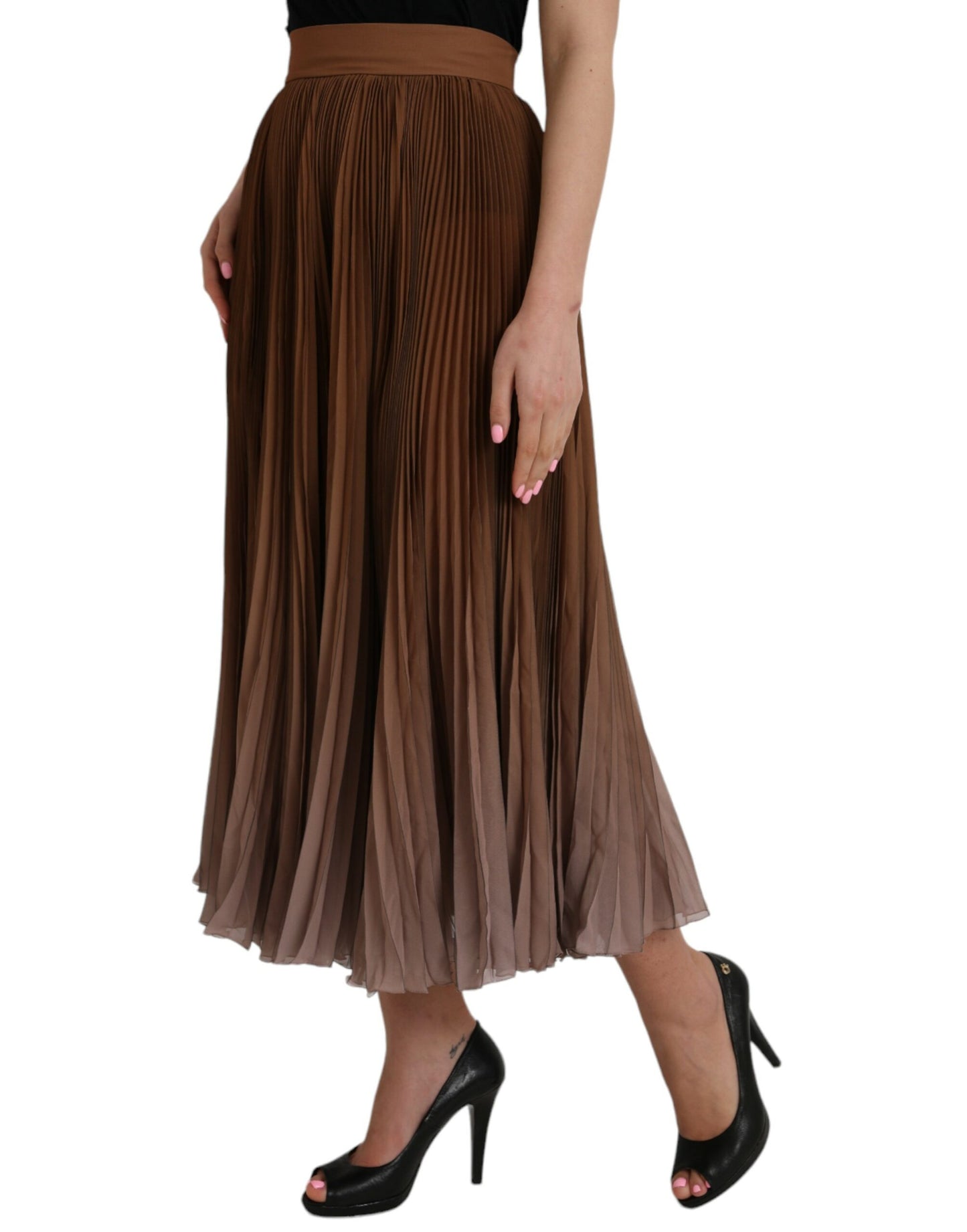 Dolce & Gabbana Brown Polyester Pleated High Waist Midi Skirt IT40 / S