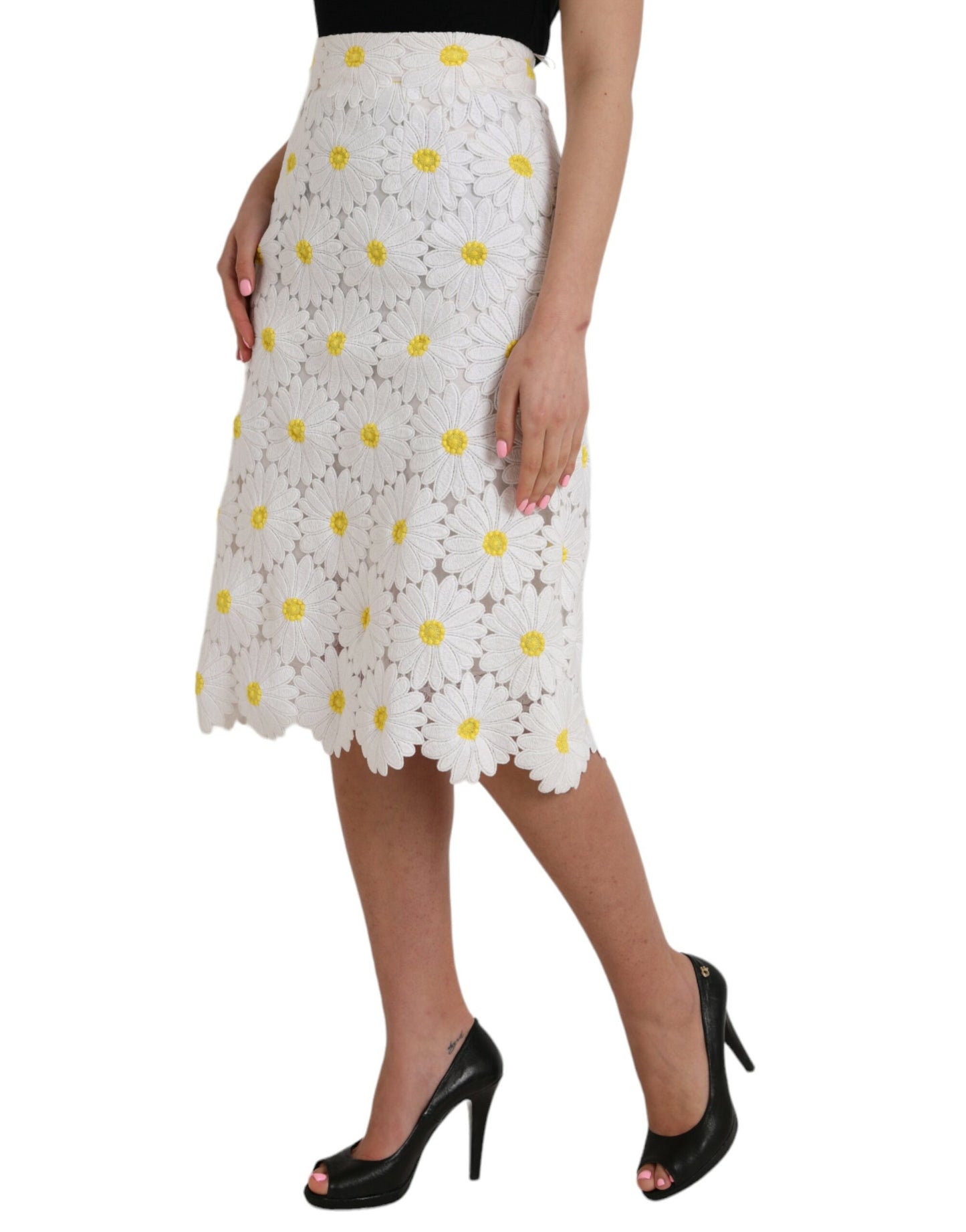 Dolce & Gabbana White Floral Pencil Straight Lace Skirt IT38 / XS