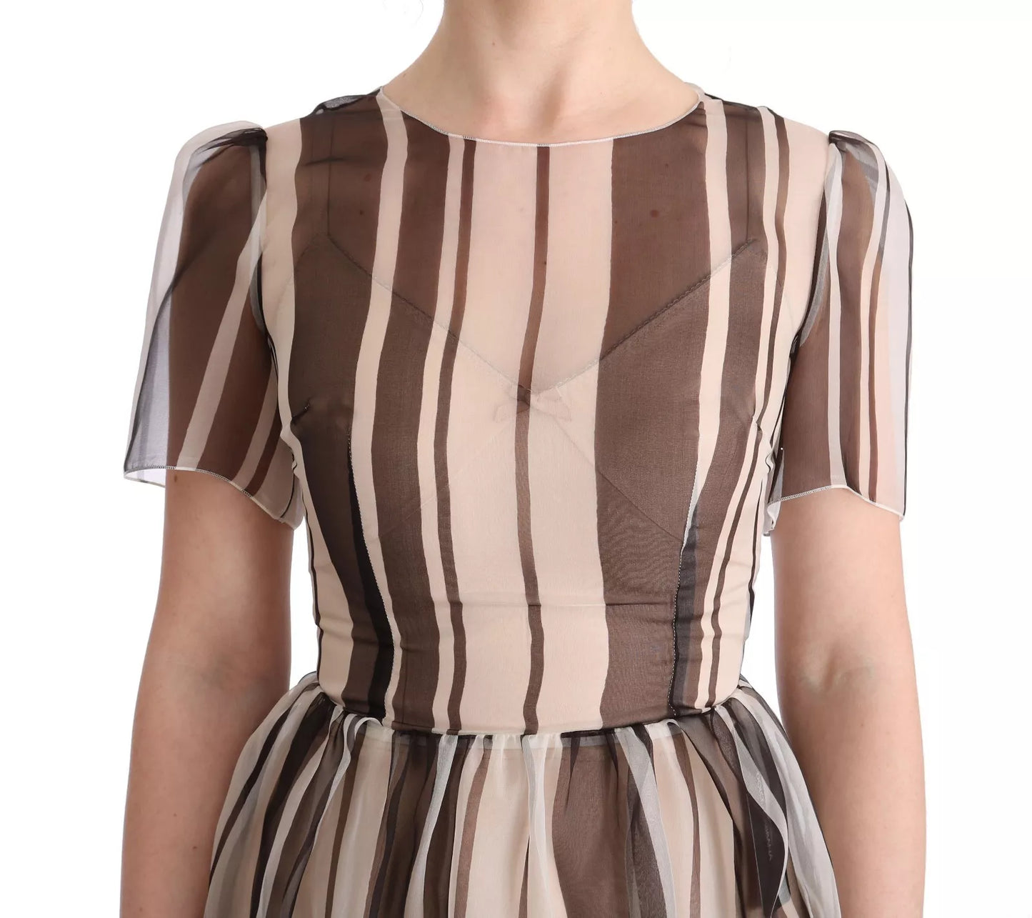 Dolce & Gabbana Beige Brown Striped Silk Sheath Dress IT40 / S