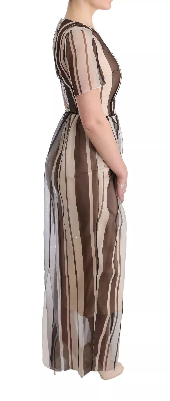 Dolce & Gabbana Beige Brown Striped Silk Sheath Dress IT40 / S