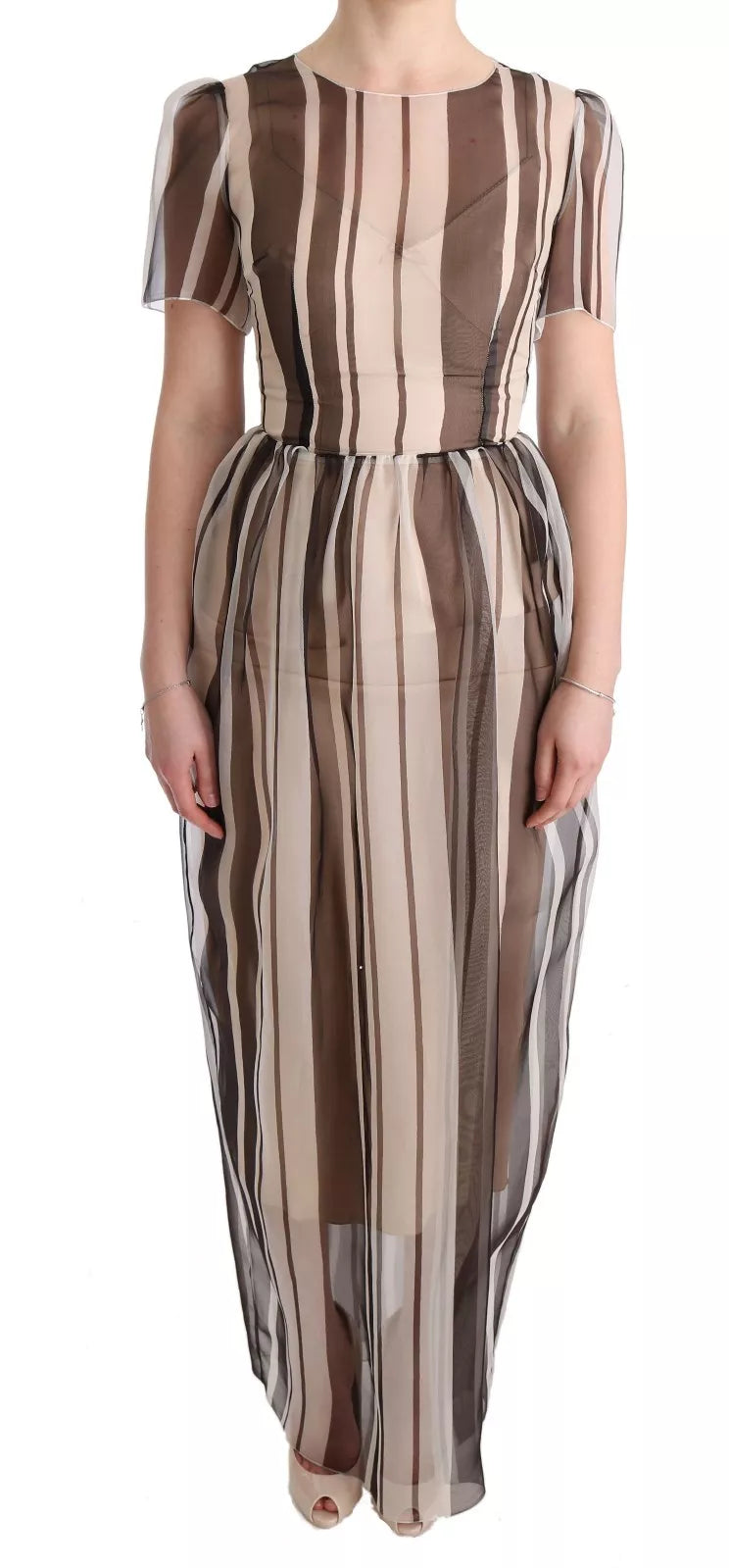 Dolce & Gabbana Beige Brown Striped Silk Sheath Dress IT40 / S