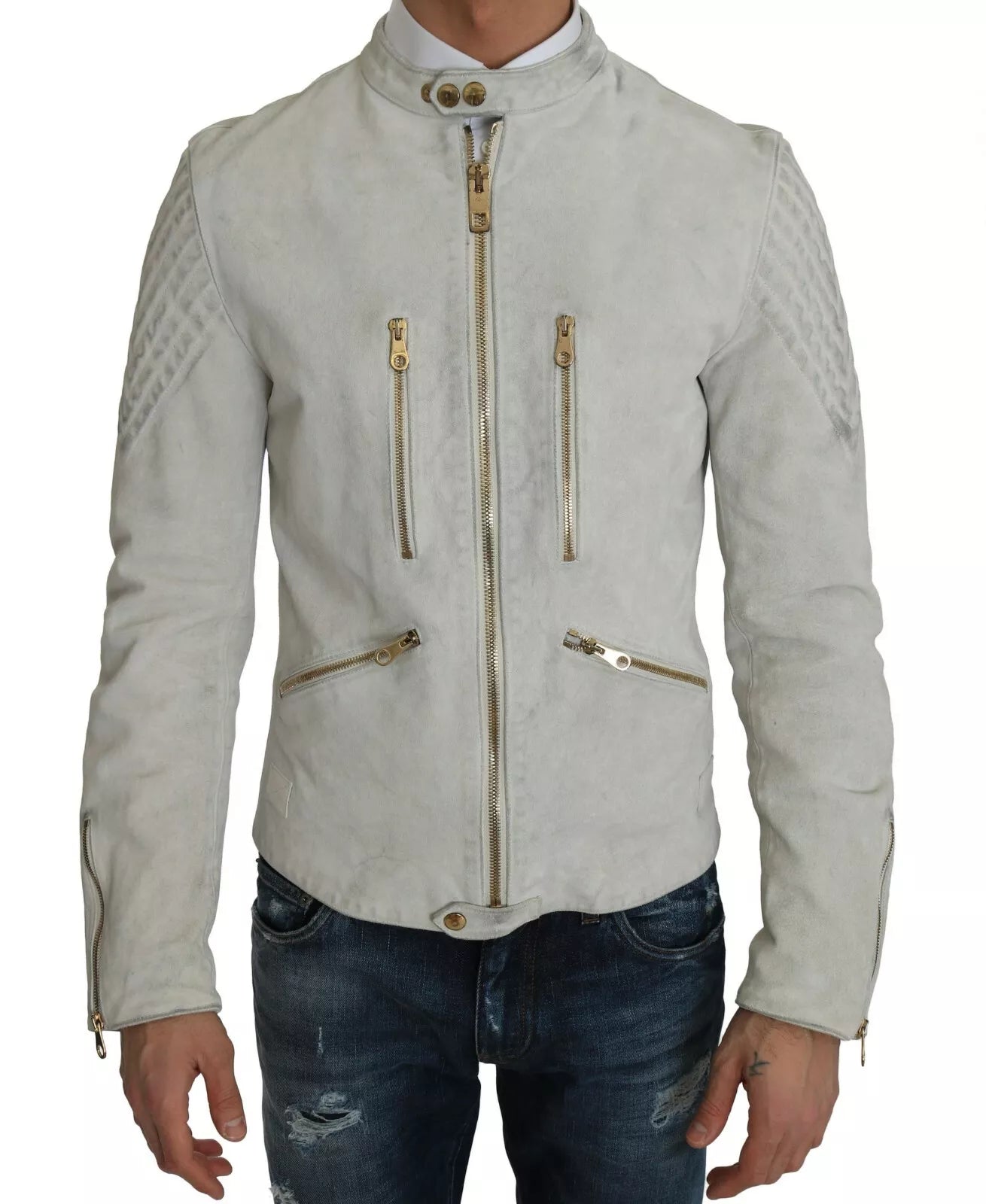 Dolce & Gabbana Leather White Biker Motorcycle Jacket IT48 / M