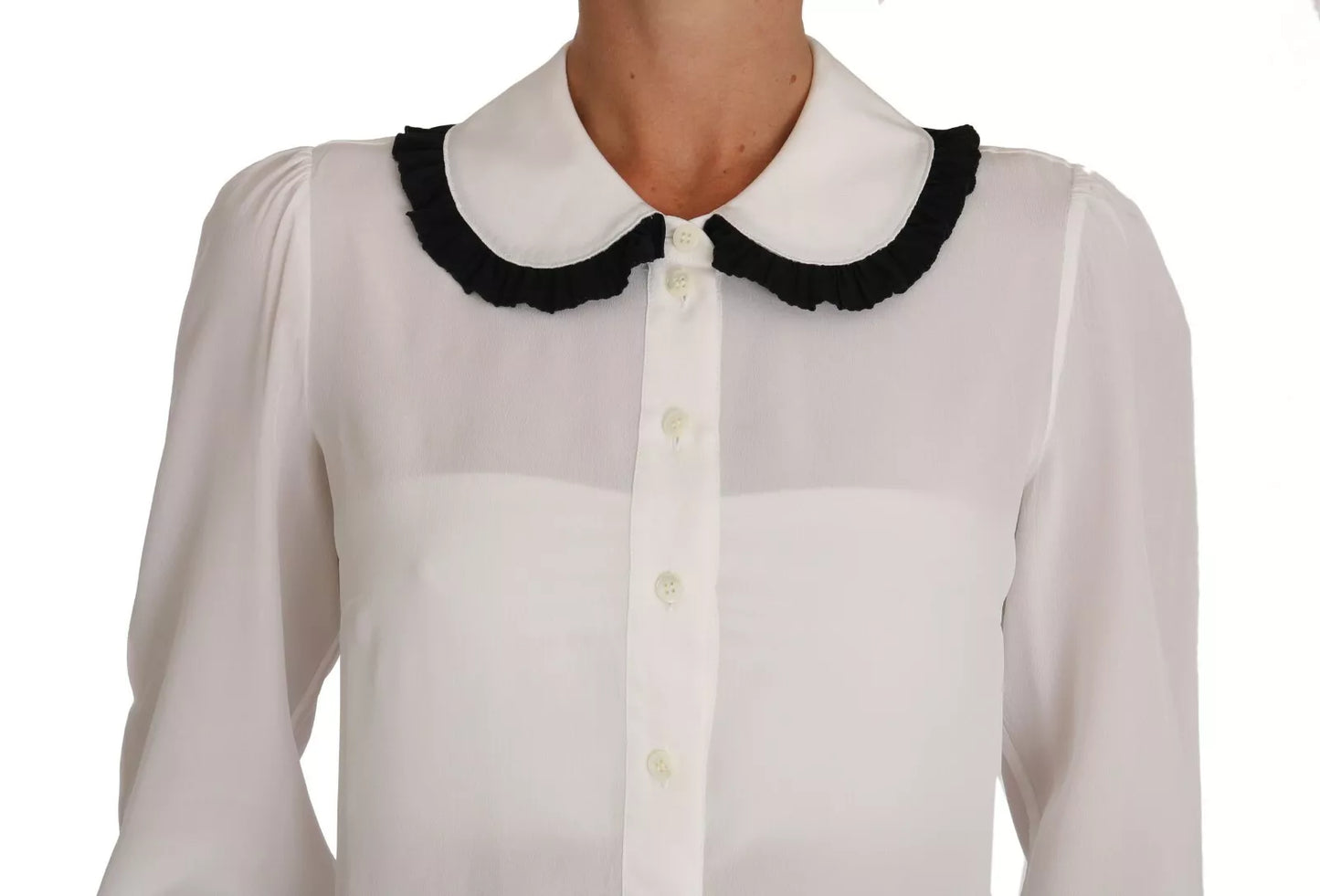 Dolce & Gabbana White Silk Shirt Ruffle Rouded Collar Blouse IT42 / M