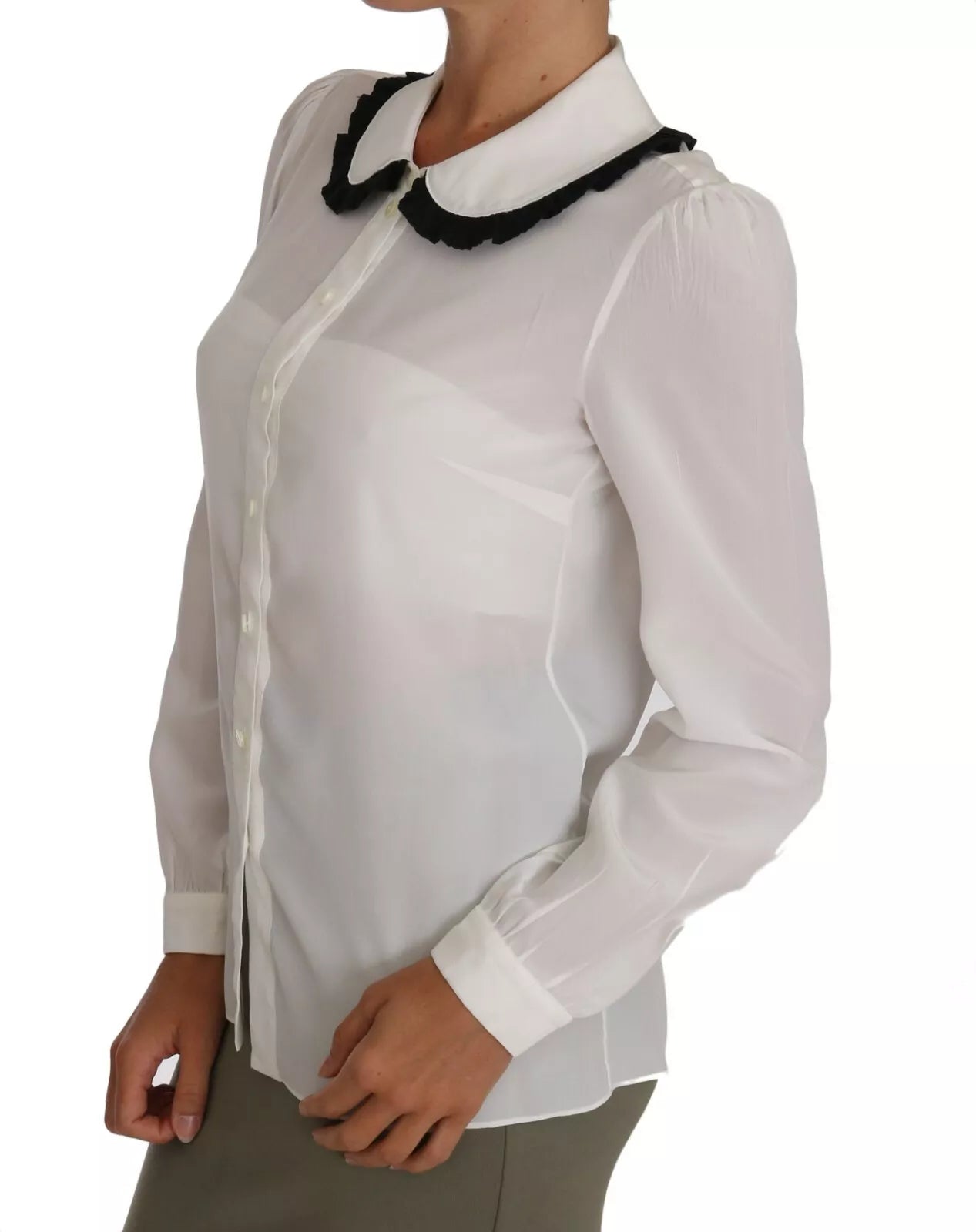 Dolce & Gabbana White Silk Shirt Ruffle Rouded Collar Blouse IT42 / M