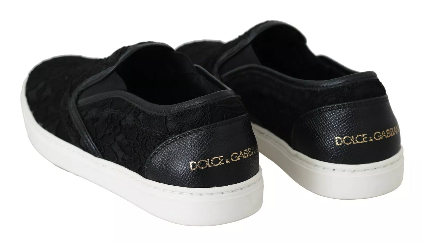 Dolce & Gabbana Black Lace Leather Logo Flat Slip-On Sneakers EU35 / US5