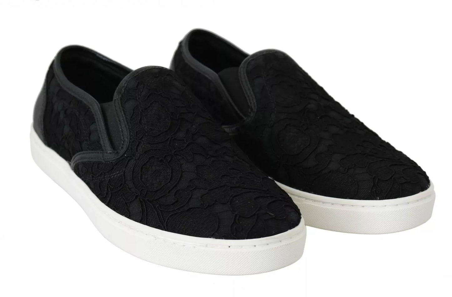 Dolce & Gabbana Black Lace Leather Logo Flat Slip-On Sneakers EU35 / US5