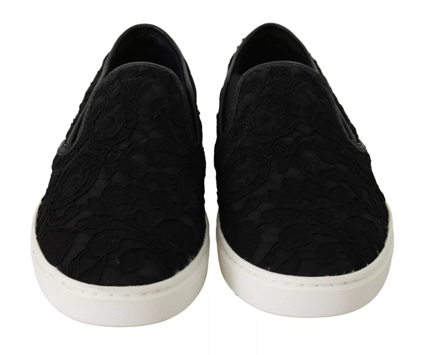 Dolce & Gabbana Black Lace Leather Logo Flat Slip-On Sneakers EU35 / US5