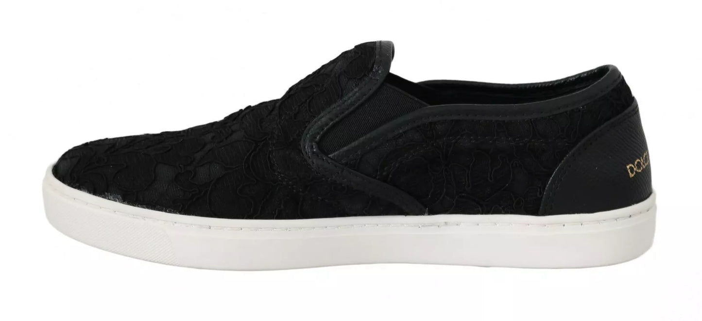 Dolce & Gabbana Black Lace Leather Logo Flat Slip-On Sneakers EU35 / US5